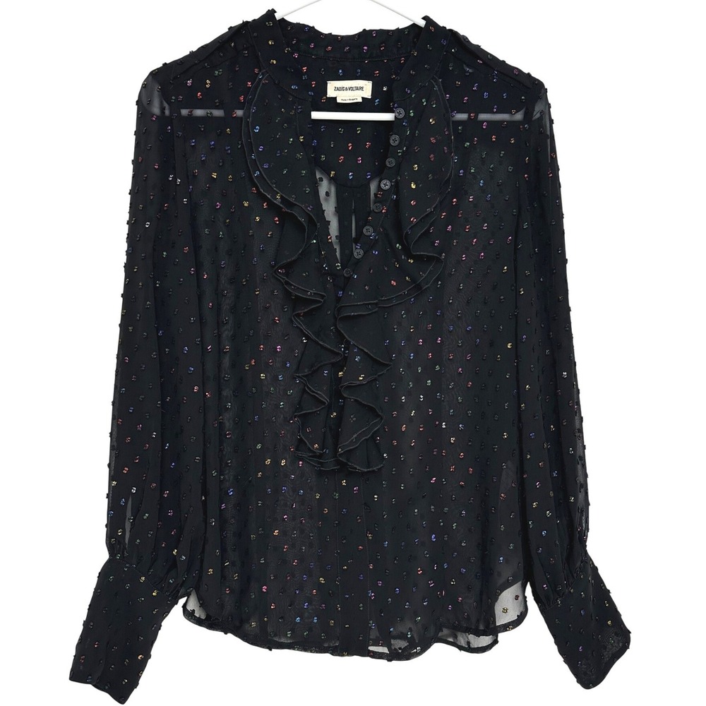 Zadig & Voltaire Twin Mousseline Swiss Dot Ruffle Blouse Black WJCP3514F Small - Picture 4 of 12